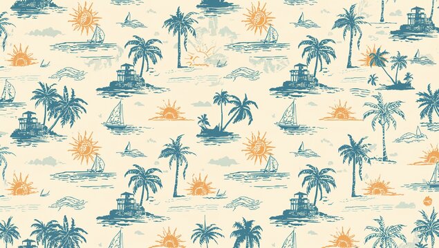 Stylish hand-sketched island repeat pattern with retro vibes featuring ocean, sunshine, tropical palms, sailing boat, and blue sky - perfect for apparel, textiles, wallpapers, and various prints on a