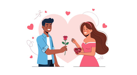 Happy young couple celebrating a romantic occasion with a man giving a red rose and a woman holding heart-shaped chocolates