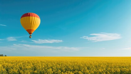 Fototapeta premium Hot air balloon floats above vibrant yellow flower fields under a clear blue sky in spring