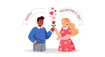 Romantic diverse couple celebrating Valentine's Day with a man giving a red rose to his partner, surrounded by love hearts
