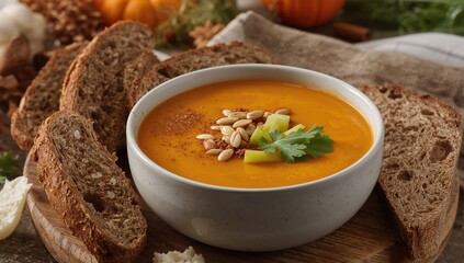 Creamy pumpkin soup garnished with bread slices, pumpkin seeds, and celery leaves. nutritious meal