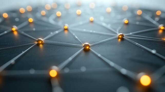 Abstract network of glowing gold spheres connected by silver lines