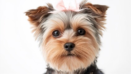 Fototapeta premium Close-up portrait of an 8-year-old small dog with a ribbon against a plain white backdrop