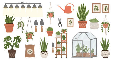 Collection of house plants and gardening tools, vector illustration of flowers and pots