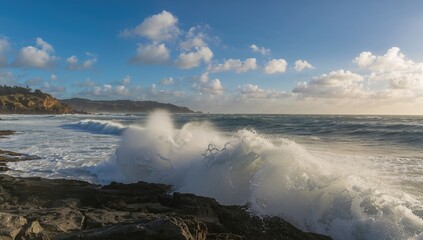 Fototapeta premium Powerful ocean waves crashing under a clear blue sky