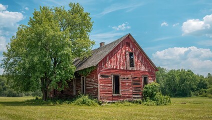 Obraz premium Old wooden farm structure with weathered red paint, left to decay