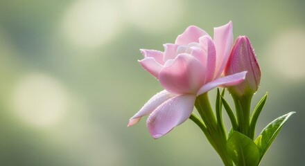 Fototapeta premium Dew drops on delicate pink flower and bud. Close up view of pretty plant. Floral beauty and nature concept for spring or greeting card.