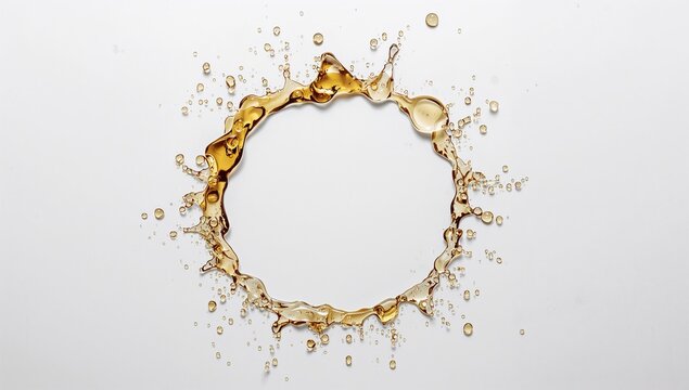 Circular pattern of oily liquid splashes on a white backdrop