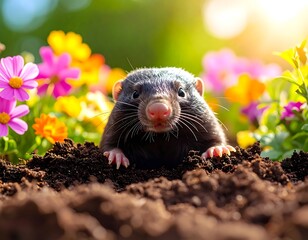 A black mole emerges from the soil amidst vibrant flowers