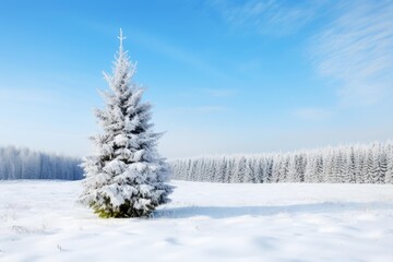 Stunning winter scene featuring snow covered fir trees in a field, creating a picturesque winter wonderland