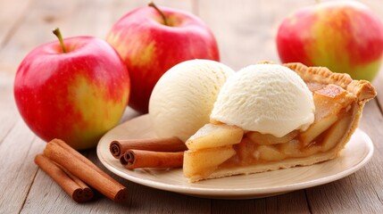 A delightful slice of apple pie sits on a plate, topped with a scoop of vanilla ice cream. Fresh apples and cinnamon sticks surround this comforting dessert, evoking warm, homely feelings