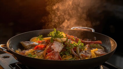 Cooking seafood and chicken feet together in a skillet