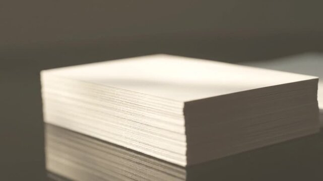 Close-up of stack of paper with reflection on surface in natural light