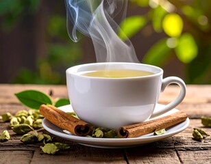 Hot tea steaming on a wooden table