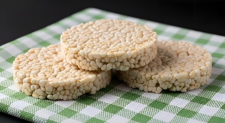  circular puffed rice cakes positioned on a pale green checked cloth set against a dark backdrop.