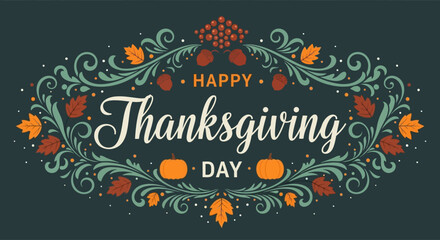 Vintage happy thanksgiving day vector illustration with a festive frame and decorative ornament design