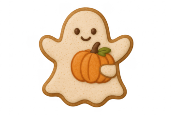 Cute ghost cookie holding pumpkin for halloween celebration