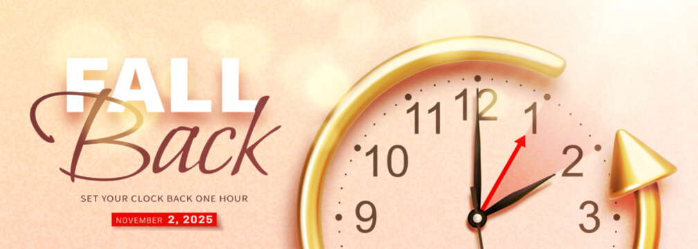 Fall back. Daylight saving time ends. Reminder web banner with golden realistic 3d arrow and clock hands. Textured poster design text reminder of time change to one hour back