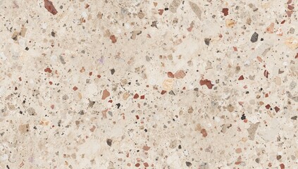 Seamless texture of terrazzo marble flooring featuring natural stones like granite, quartz, limestone, and concrete on a beige base with colorful chips.