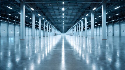 Expansive industrial storage facility showcases rows of support columns under bright illumination