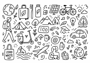 Hand-drawn doodle vector set of Eco and Sustainable Travel Elements, illustrated in a fun sketch style, isolated on white background, Ideal for Both Digital and Print Use
