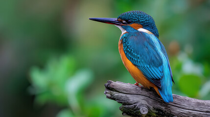 Fototapeta premium A colorful kingfisher perched on a weathered tree branch, its vibrant plumage a striking contrast against the soft green foliage