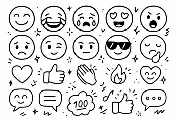 Hand-drawn doodle vector set of Emojis & Reactions, created in a fun expressive sketch style, isolated on white background, Ideal for Both Digital and Print Use
