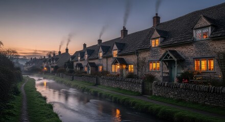 Quaint stone cottages line a river, smoke rising in the twilight.