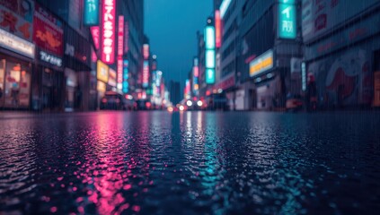 Abstract neon reflections on wet pavement during a rainy night in the city. Image with space for text.