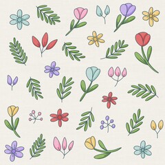 Doodle Floral Pattern with Flowers and Leaves