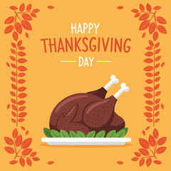 Happy thanksgiving day with roasted turkey, vector illustration