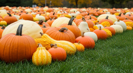 Orange, white, and yellow pumpkins and gourds arranged on green grass, showcasing autumn harvest abundance and festive spirit ideal for Thanksgiving or fall-themed designs