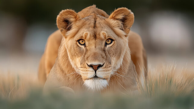 Lioness Crouching in Grass, Majestic Predator Alert and Focused in the Wild