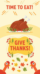 A colorful vector cartoon illustration of a roasted turkey for thanksgiving party