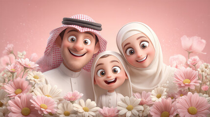 Fototapeta premium Cute Cartoon Family Portrait with Soft Colors and Floral Design in a Cheerful Atmosphere