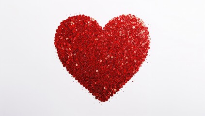 Fototapeta premium Sparkling red sequin surface with heart design on a white backdrop. Abstract pattern.