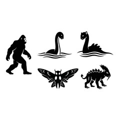Black silhouettes of various cryptids and mythical creatures including Bigfoot, Loch Ness Monster, Mothman, and Chupacabra, on a white background.