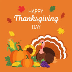 A cute cartoon turkey with a pumpkin and autumn leaves for a Thanksgiving design illustration