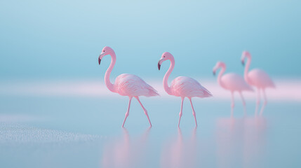 Obraz premium A flock of elegant pink flamingos gracefully walk across a tranquil, shallow body of water with a soft, pastel blue sky