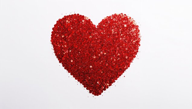 Sparkling red sequin surface with heart design on a white backdrop. Abstract pattern.