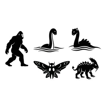 Black silhouettes of various cryptids and mythical creatures including Bigfoot, Loch Ness Monster, Mothman, and Chupacabra, on a white background.