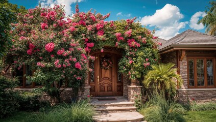 Fototapeta premium Residence featuring a modern wooden entrance surrounded by greenery and flowers