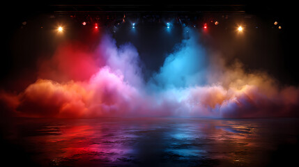 Fototapeta premium A stage illuminated by vibrant lights and atmospheric effects, creating a captivating and immersive spectacle. The scene is filled with a dynamic interplay of colors, enhancing the visual experience