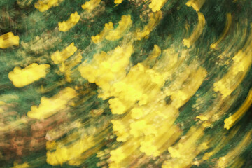 A blurry image of yellow flowers with green leaves. The image has a sense of movement and energy, as if the flowers are dancing in the wind. The yellow and green colors create a vibrant