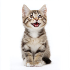 Obraz premium Adorable tabby kitten with a happy expression, sitting and looking up with wide eyes and an open mouth