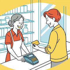 Cartoon illustration of a person using a credit card at a checkout counter with a modern card reader.