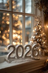 A sparkling silver &ldquo;2026&rdquo; decoration sits on a snowy windowsill beside a glowing Christmas tree, with golden bokeh lights outside and selective focus creating a warm festive atmosphere