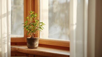A tiny plant rests by the window on the ledge