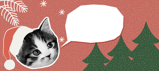 Christmas minimalist scene, Santa kitty with speech bubble cut out collage © Kristina Yu
