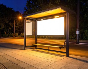 Evening shot of a bus shelter with illuminated display boards and a wooden bench